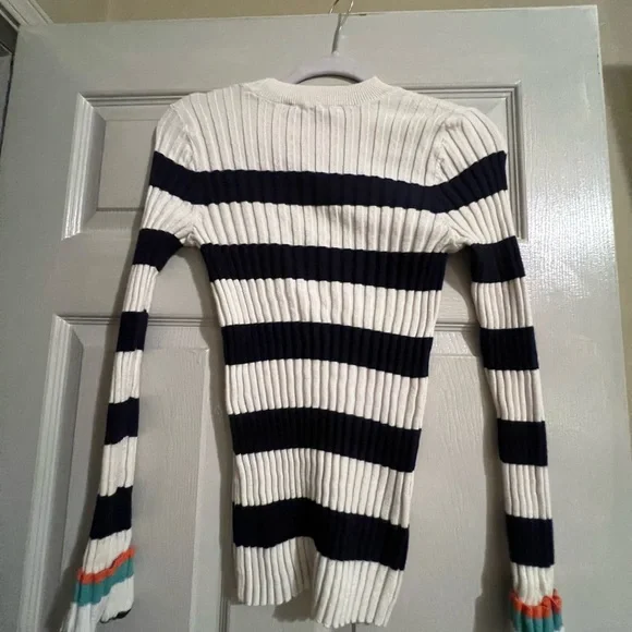 LOFT White & Navy Ribbed Stripe Sweater Dress with Teal & Orange Cuff Accents - Picture 3 of 3